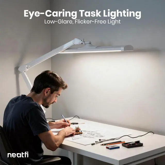 Alt view image 3 of 7 - Neatfi Ultra 3,500 Lumens LED Desk Lamp with Base 45W, 270 SMD LEDs, Shadow-Free | Adjustable Brightness | Non-Flickering Task Light for Nail, Craft & Office (White-3, 26-Inch Wide Shade)