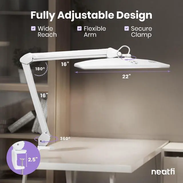 Alt view image 7 of 7 - Neatfi Elite HD XL Desk Lamp 1,600 Lumens, 22 Wide Head, 6500K Daylight | Non-Polar Dimming, Adjustable | Office, Study & Home Workspace (White, Non-CCT with Clamp, 22 Inches)