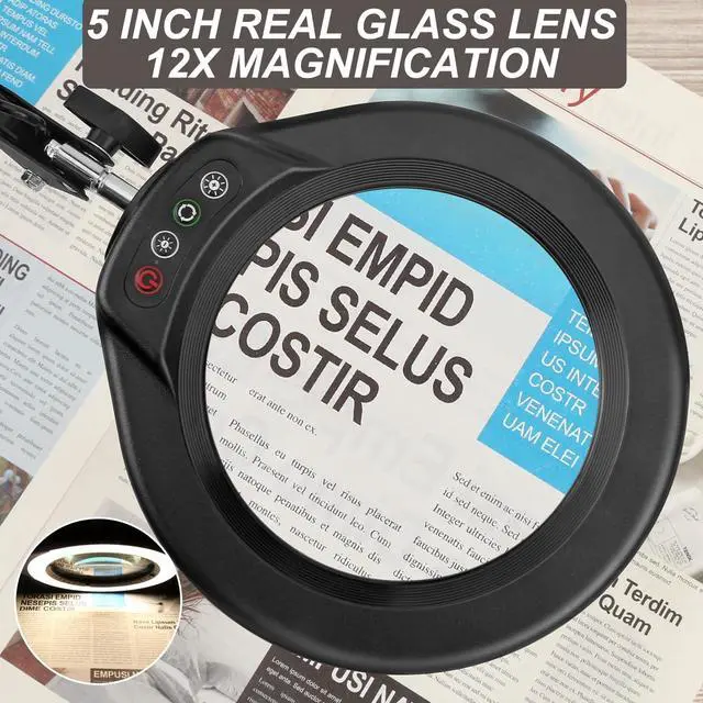 Alt view image 3 of 7 - VEEMAGNI 12X 5 Inch Large Real Glass Magnifying Glass with Light and Stand, 5 Color Modes Stepless Dimmable, Long Swivel Arm LED Clamp Desk Lamp, Hands Free Lighted Magnifier for Reading Crafts Hobby