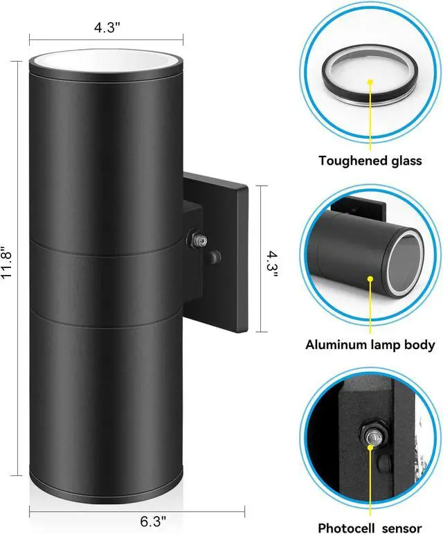 Alt view image 5 of 7 - Dusk to Dawn Sensor Outdoor Wall Light, Up and Down Cylinder Outdoor Wall Sconce Light Aluminum Modern Exterior Light Fixture IP65 Waterproof ETL(Bulbs Not Included)
