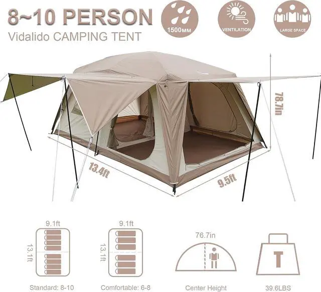 Alt view image 5 of 7 - Vidalido 8-10 Person Camping Tent with 3 Door 2 Room Large Family Cabin Tents, Double Layer Waterproof Portable Glamping Tent, Big Tents for Outdoor Picnic Camping Hiking and Family Gathering