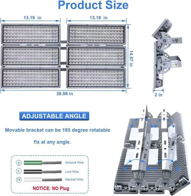 Alt view image 7 of 7 - Kekeou 600W LED Flood Lights Outdoor 300W Stadium Light 2 Pack Arena Lights 600 Watt 84000LM 6500K Adjustable Lighting Angle Exterior Flood Light IP67 Waterproof for Playground