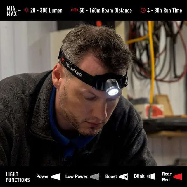 Alt view image 5 of 7 - Ledlenser H7R2 Headlamp Flashlight - Black, 300 Lumens, 160 m Beam Distance, 165 g, 880022 - Advanced Focus System & Rapid Focus - Ultralight Head Lamp - Rear Safety Light, Camping Headlamps