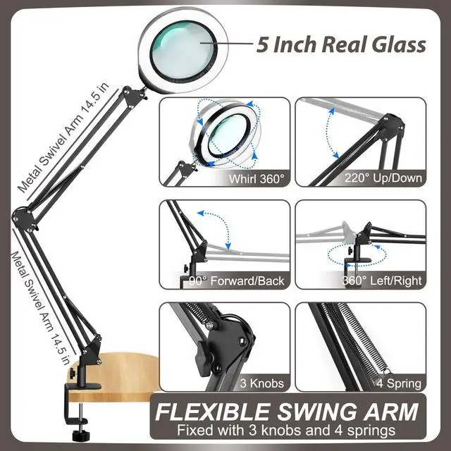 Alt view image 5 of 7 - VEEMAGNI 12X 5 Inch Large Real Glass Magnifying Glass with Light and Stand, 5 Color Modes Stepless Dimmable, Long Swivel Arm LED Clamp Desk Lamp, Hands Free Lighted Magnifier for Reading Crafts Hobby