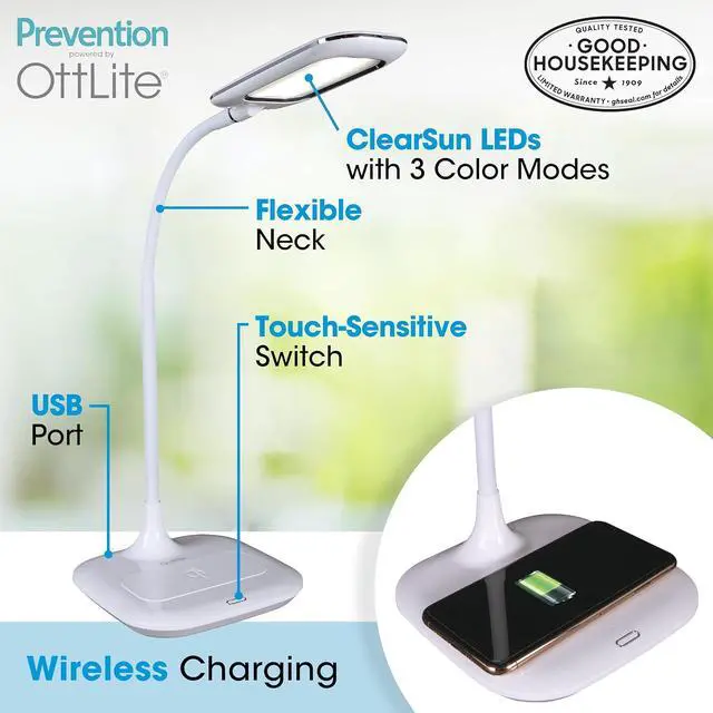 Alt view image 2 of 7 - OttLite Prevention LED Desk Lamp with Wireless Charging - Designed to Reduce Eyestrain - Adjustable Flexible Neck, 3 Color Modes & Touch Controls - Crafting, Office Work, Reading & Studying