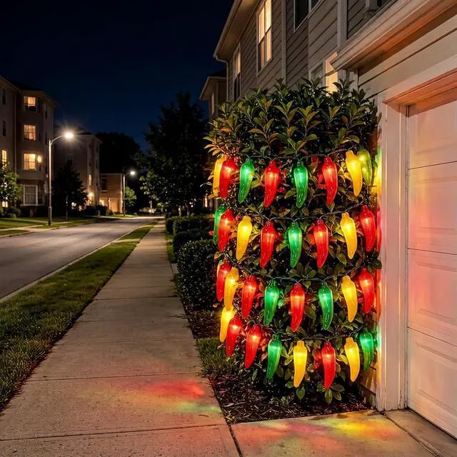 Alt view image 3 of 7 - 35 LED Red Green and Yellow Chili Pepper Christmas Lights, 18 Ft Green Wire House Decorative Lighting String, for Indoor and Outdoor Party, Kitchen, Living Room, Garden, Patio.