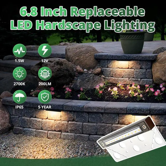 Alt view image 4 of 7 - GKOLED 8-Pack Replaceable 6.8" LED Hardscape Lights, Low Voltage Retaining Wall Lights, Paver Wall Hardscape Lighting, Outdoor Landscape Step Lights, 12VAC/DC 1.5W 2700K, Die-cast Aluminum Housing