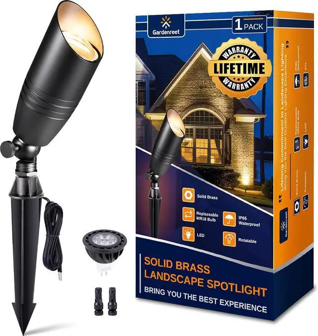 Main image of Gardenreet Landscape Spotlights Low Voltage - Brass 12V Outdoor Uplight LED, Wired Spot Lights IP65 Waterproof, Black for Exterior Garden Yard Tree House with 5W 2700K Warm White MR16 Bulb