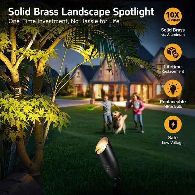 Alt view image 2 of 7 - Gardenreet Landscape Spotlights Low Voltage - Brass 12V Outdoor Uplight LED, Wired Spot Lights IP65 Waterproof, Black for Exterior Garden Yard Tree House with 5W 2700K Warm White MR16 Bulb