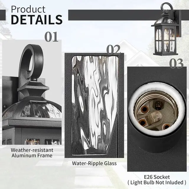Alt view image 3 of 7 - Darkaway Outdoor Wall Light Exterior Light Fixture with Water Ripple Glass, Aluminum Outside Lights Sconces Exterior Lighting for House Porch Patio Doorway Garage