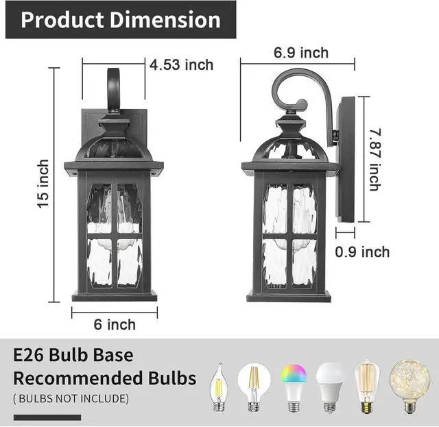 Alt view image 6 of 7 - Darkaway Outdoor Wall Light Exterior Light Fixture with Water Ripple Glass, Aluminum Outside Lights Sconces Exterior Lighting for House Porch Patio Doorway Garage