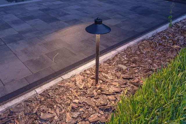 Alt view image 4 of 6 - VOLT Flat Hat 12V Black Brass Path Light (7" Shade, 24" Tall) for Low Voltage Landscape Lighting on Outdoor Pathway, Walkway, Garden, Driveway or Patio