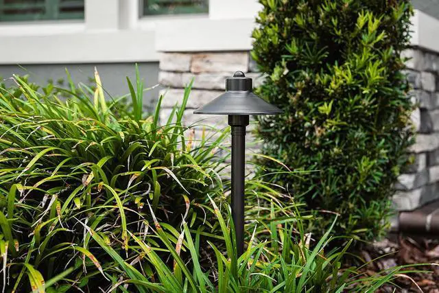 Alt view image 5 of 6 - VOLT Flat Hat 12V Black Brass Path Light (7" Shade, 24" Tall) for Low Voltage Landscape Lighting on Outdoor Pathway, Walkway, Garden, Driveway or Patio