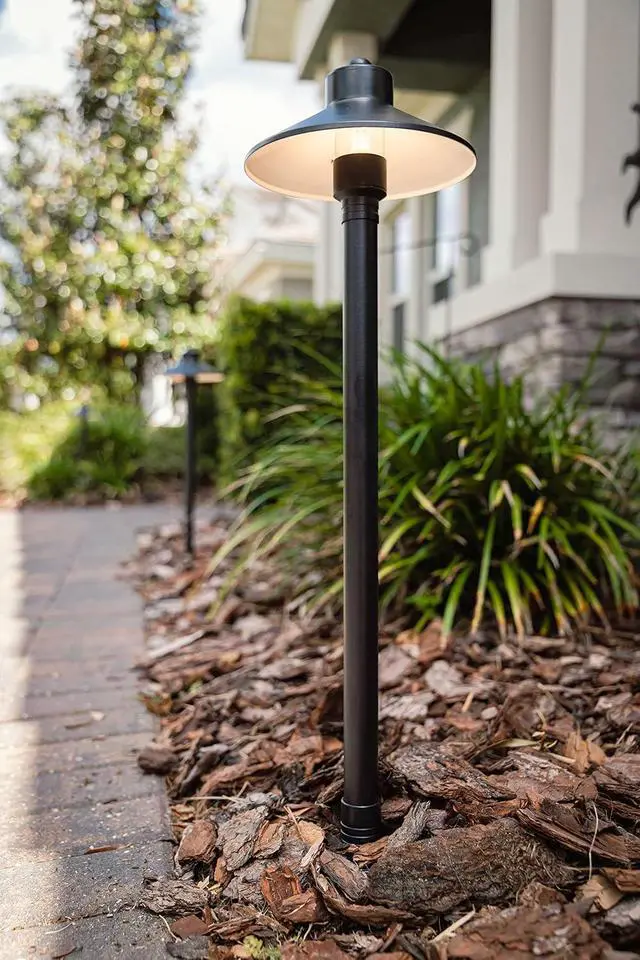 Alt view image 6 of 6 - VOLT Flat Hat 12V Black Brass Path Light (7" Shade, 24" Tall) for Low Voltage Landscape Lighting on Outdoor Pathway, Walkway, Garden, Driveway or Patio
