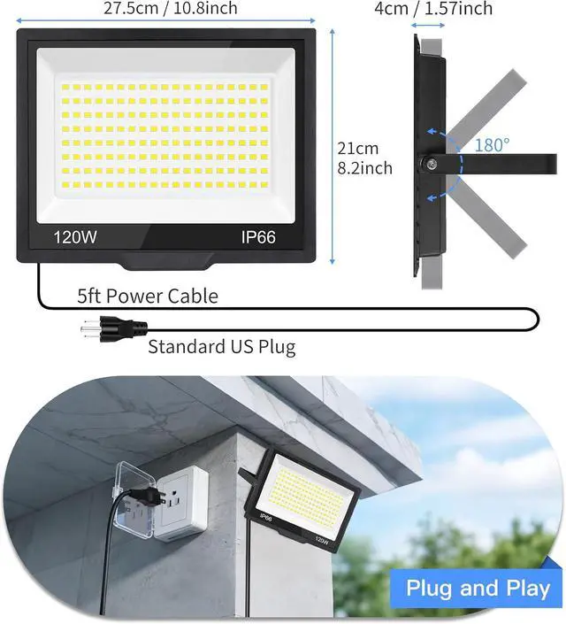 Alt view image 6 of 7 - 120W LED Flood Light Outdoor with Plug, 14400Lm Super Brighter Security Lights with Wire, IP66 Waterproof LED Work Light, 5000K Daylight White Exterior Floodlights for Yard Garage Stadium(2 Pack)