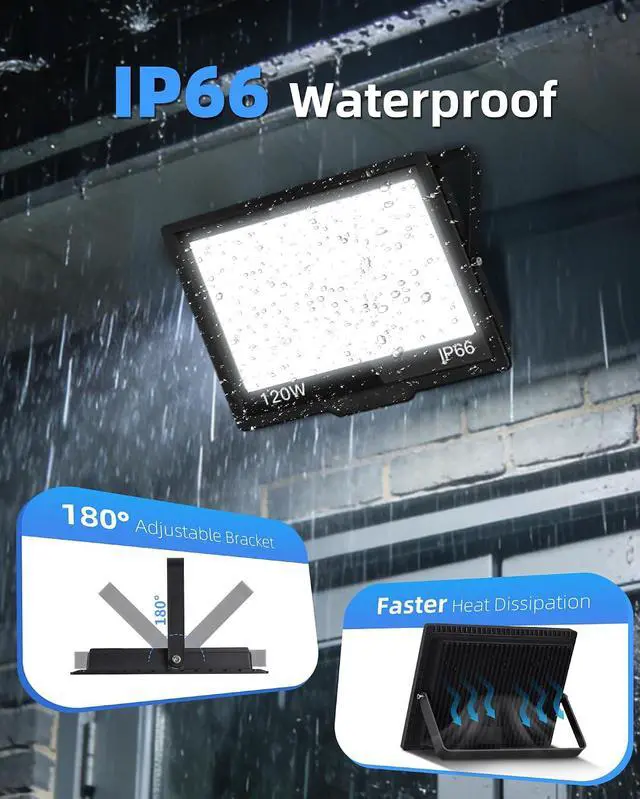 Alt view image 7 of 7 - 120W LED Flood Light Outdoor with Plug, 14400Lm Super Brighter Security Lights with Wire, IP66 Waterproof LED Work Light, 5000K Daylight White Exterior Floodlights for Yard Garage Stadium(2 Pack)