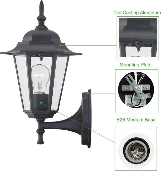 Alt view image 6 of 7 - WISBEAM 2 Pack Outdoor Wall Light, Black Wall Sconce for House Porch Lighting Fixture, E26 Base 60W Max, Metal Housing Plus Glass, Wet Location Rated, ETL Qualified, Bulbs not Included