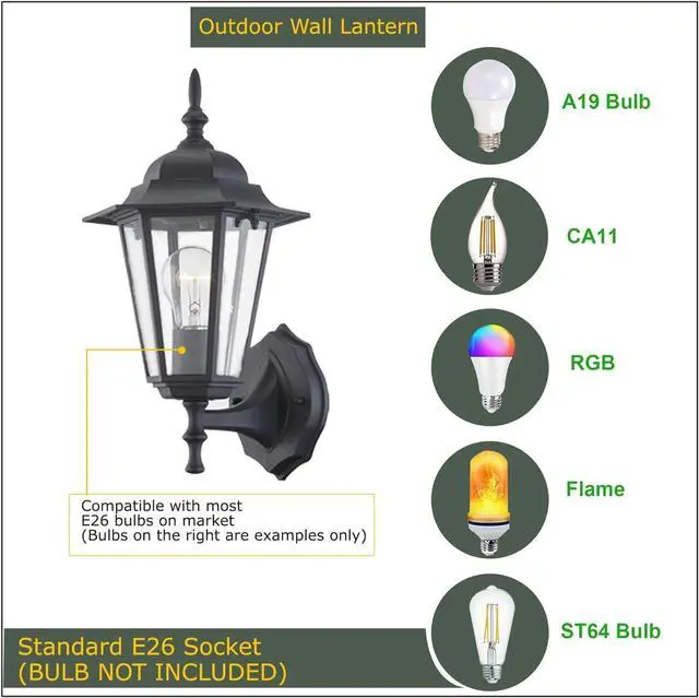 Alt view image 7 of 7 - WISBEAM 2 Pack Outdoor Wall Light, Black Wall Sconce for House Porch Lighting Fixture, E26 Base 60W Max, Metal Housing Plus Glass, Wet Location Rated, ETL Qualified, Bulbs not Included