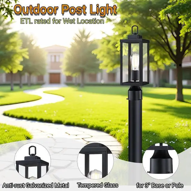 Alt view image 2 of 7 - GRUENLICH Outdoor Post Lighting Fixture Pole Lantern, E26 Medium Base Max 60W, Metal Housing Plus Glass, Matte Black Finish, Bulb Not Included, 1 Pack