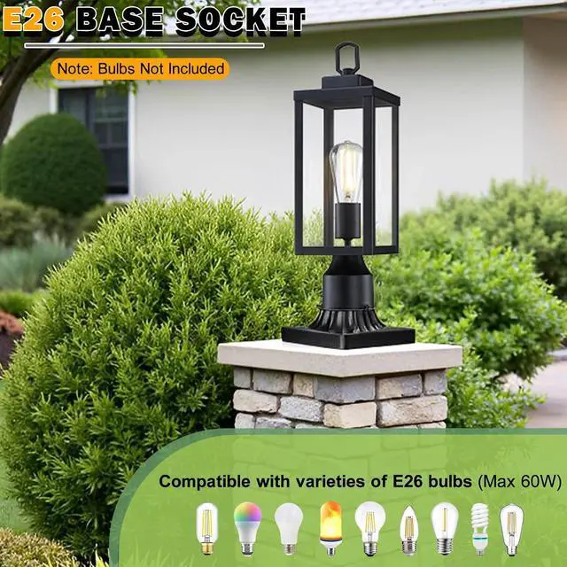 Alt view image 3 of 7 - GRUENLICH Outdoor Post Lighting Fixture Pole Lantern, E26 Medium Base Max 60W, Metal Housing Plus Glass, Matte Black Finish, Bulb Not Included, 1 Pack
