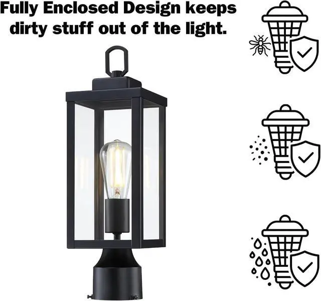 Alt view image 5 of 7 - GRUENLICH Outdoor Post Lighting Fixture Pole Lantern, E26 Medium Base Max 60W, Metal Housing Plus Glass, Matte Black Finish, Bulb Not Included, 1 Pack