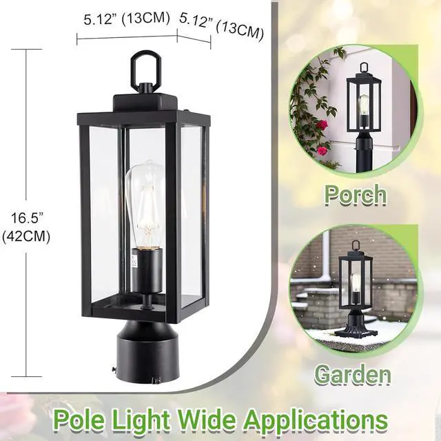 Alt view image 4 of 7 - GRUENLICH Outdoor Post Lighting Fixture Pole Lantern, E26 Medium Base Max 60W, Metal Housing Plus Glass, Matte Black Finish, Bulb Not Included, 1 Pack