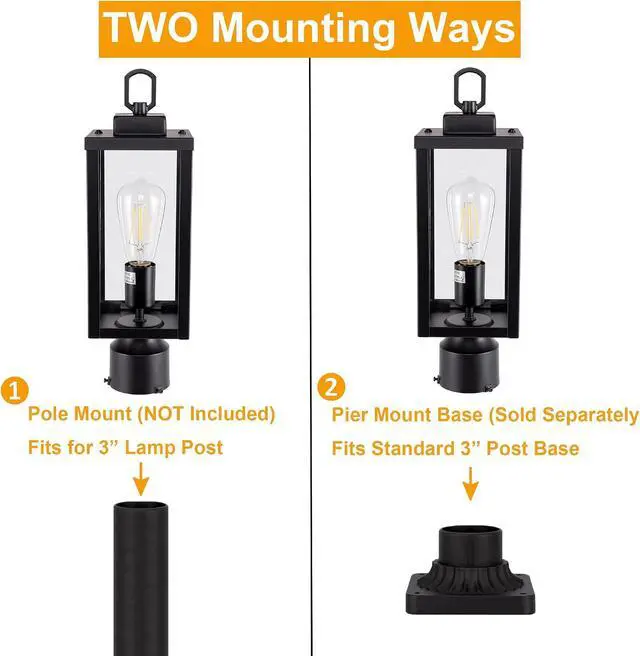 Alt view image 6 of 7 - GRUENLICH Outdoor Post Lighting Fixture Pole Lantern, E26 Medium Base Max 60W, Metal Housing Plus Glass, Matte Black Finish, Bulb Not Included, 1 Pack