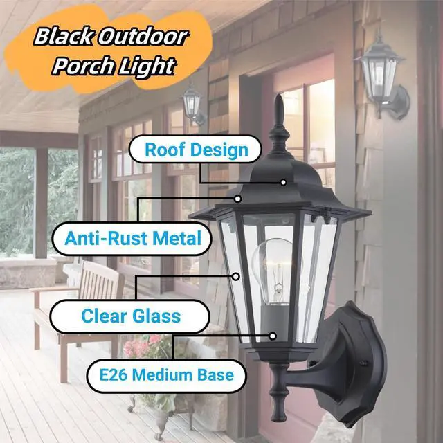 Alt view image 2 of 7 - WISBEAM 2 Pack Outdoor Wall Light, Black Wall Sconce for House Porch Lighting Fixture, E26 Base 60W Max, Metal Housing Plus Glass, Wet Location Rated, ETL Qualified, Bulbs not Included