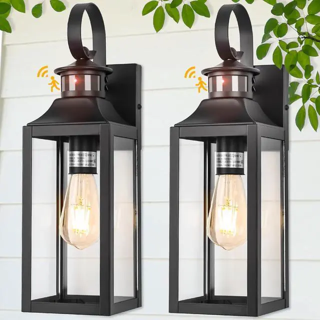 Main image of Motion Sensor Outdoor Wall Lights 2 Pack, Black Dusk to Dawn Light Fixtures Wall Mount, 16" Exterior Wall Sconces Waterproof, Large Outside Lamps for House, Modern Porch Lanterns 3 Modes