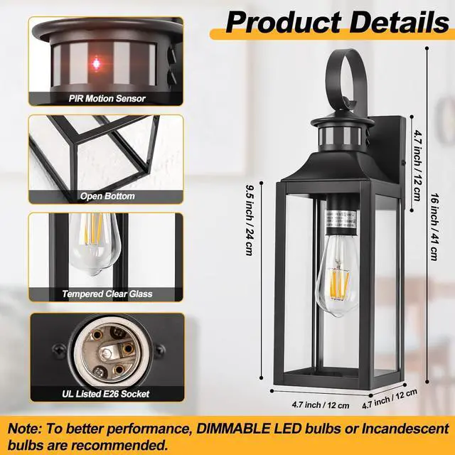 Alt view image 2 of 7 - Motion Sensor Outdoor Wall Lights 2 Pack, Black Dusk to Dawn Light Fixtures Wall Mount, 16" Exterior Wall Sconces Waterproof, Large Outside Lamps for House, Modern Porch Lanterns 3 Modes