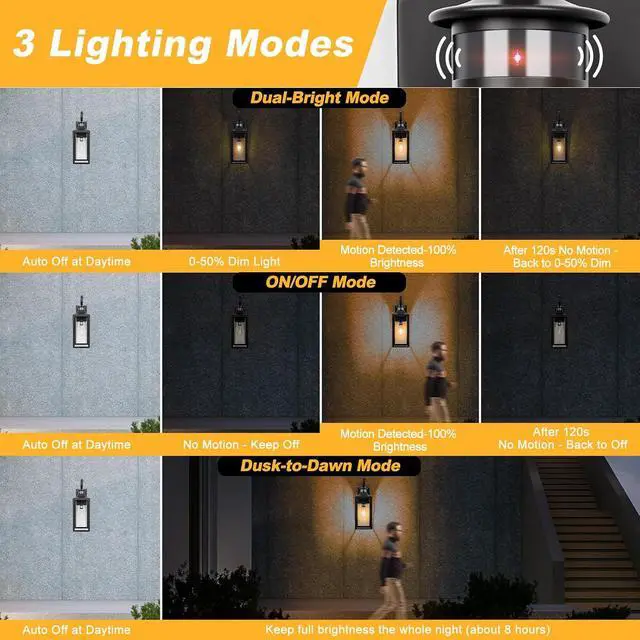 Alt view image 3 of 7 - Motion Sensor Outdoor Wall Lights 2 Pack, Black Dusk to Dawn Light Fixtures Wall Mount, 16" Exterior Wall Sconces Waterproof, Large Outside Lamps for House, Modern Porch Lanterns 3 Modes