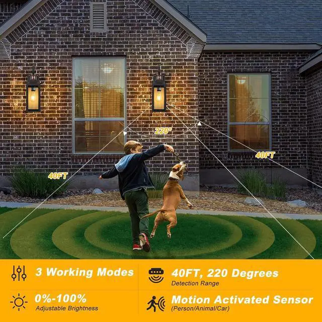 Alt view image 4 of 7 - Motion Sensor Outdoor Wall Lights 2 Pack, Black Dusk to Dawn Light Fixtures Wall Mount, 16" Exterior Wall Sconces Waterproof, Large Outside Lamps for House, Modern Porch Lanterns 3 Modes