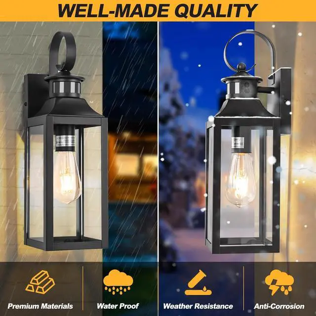Alt view image 6 of 7 - Motion Sensor Outdoor Wall Lights 2 Pack, Black Dusk to Dawn Light Fixtures Wall Mount, 16" Exterior Wall Sconces Waterproof, Large Outside Lamps for House, Modern Porch Lanterns 3 Modes