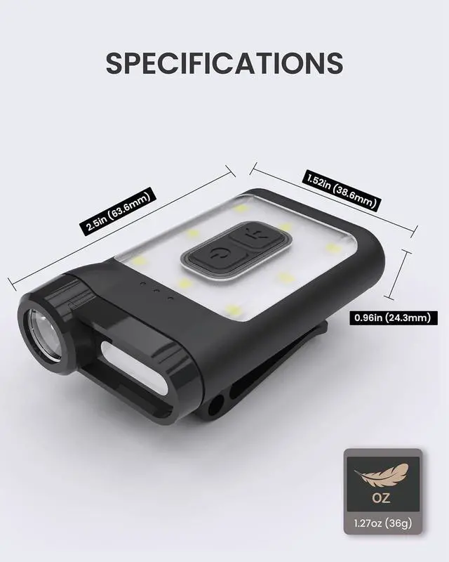 Alt view image 7 of 7 - Claymore Capon 65A+ Black Ultra-Light Clip-On Cap Light USB-C Rechargeable 230LM LED Compact Headlamp | 3 Modes IP54 Water-Resistant Up to 19 Hrs Runtime for Camping, Running, Outdoor