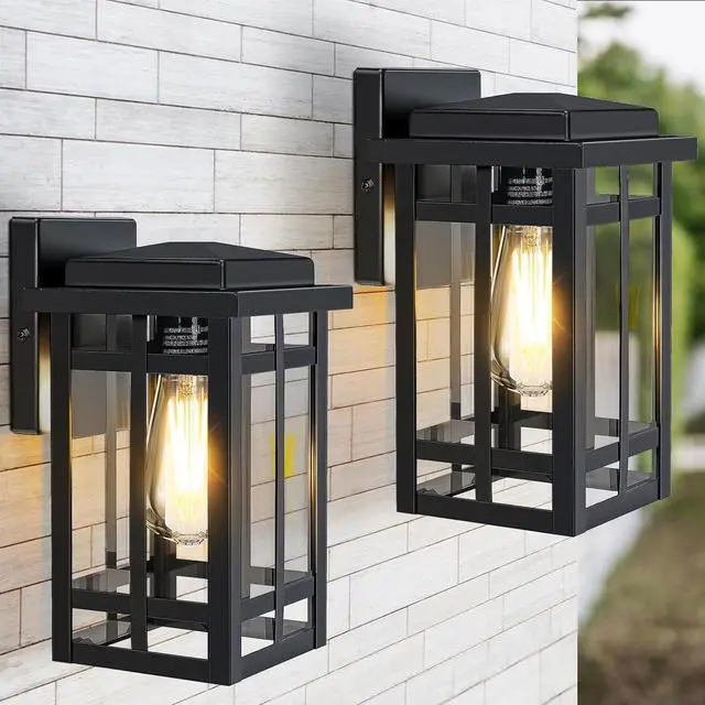 Main image of Outdoor Wall Light Fixtures 9.76'', Waterproof Porch Lights Lantern, Exterior Modern Matte Black Wall Mount Lighting, Anti-Rust E26 Socket Outside Scones for Front Door Garage Patio, 2 Pack