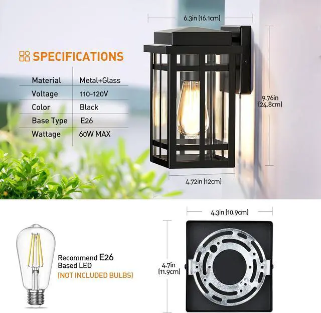 Alt view image 7 of 7 - Outdoor Wall Light Fixtures 9.76'', Waterproof Porch Lights Lantern, Exterior Modern Matte Black Wall Mount Lighting, Anti-Rust E26 Socket Outside Scones for Front Door Garage Patio, 2 Pack