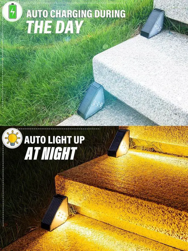 Alt view image 4 of 7 - ROSHWEY Solar Step Lights Outdoor Waterproof, 8 Pack Triangle Solar Stair Lights for Outside, LED Deck Light Outdoor Decor Lighting for Patio Porch Backyard, Warm White