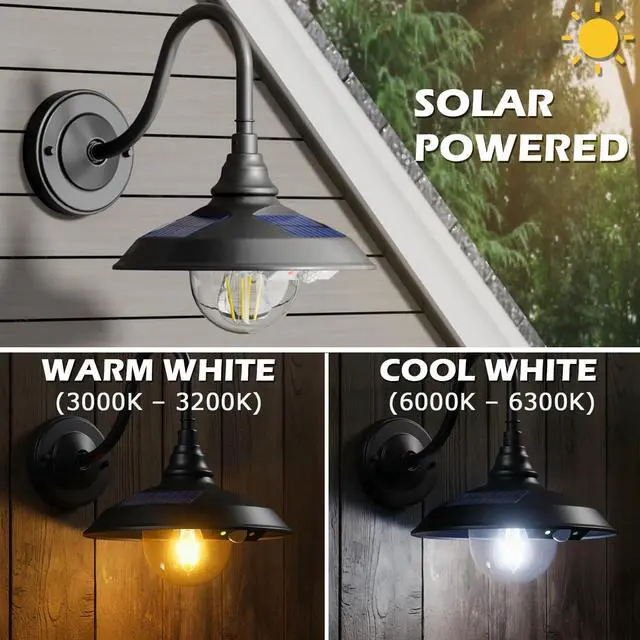 Alt view image 2 of 6 - SIEDiNLAR Solar Barn Light Outdoor 3 Modes 2 Lighting, Aluminum Vintage Farmhouse Gooseneck Wall Light Waterproof with Remote & Motion Sensor for Barn Garage Shed Porch Chicken Coop Black (2 Pack)