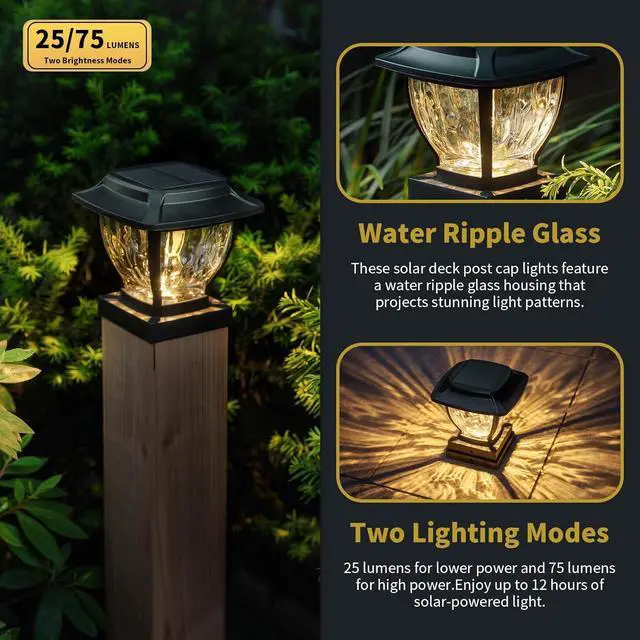 Alt view image 3 of 7 - Solar Post Cap Lights Outdoor, Glass Deck Fence Post Cap Light Solar Powered for 4x4 Vinyl/Wooden Posts, Solar Lamp Post Light with 2 Lighting Modes for Patio Garden, Bright Warm White (2 Pack)