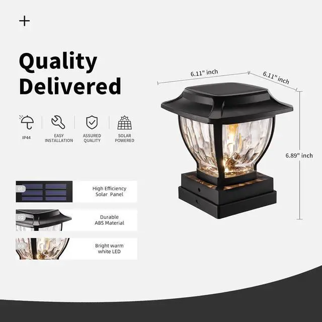 Alt view image 7 of 7 - Solar Post Cap Lights Outdoor, Glass Deck Fence Post Cap Light Solar Powered for 4x4 Vinyl/Wooden Posts, Solar Lamp Post Light with 2 Lighting Modes for Patio Garden, Bright Warm White (2 Pack)