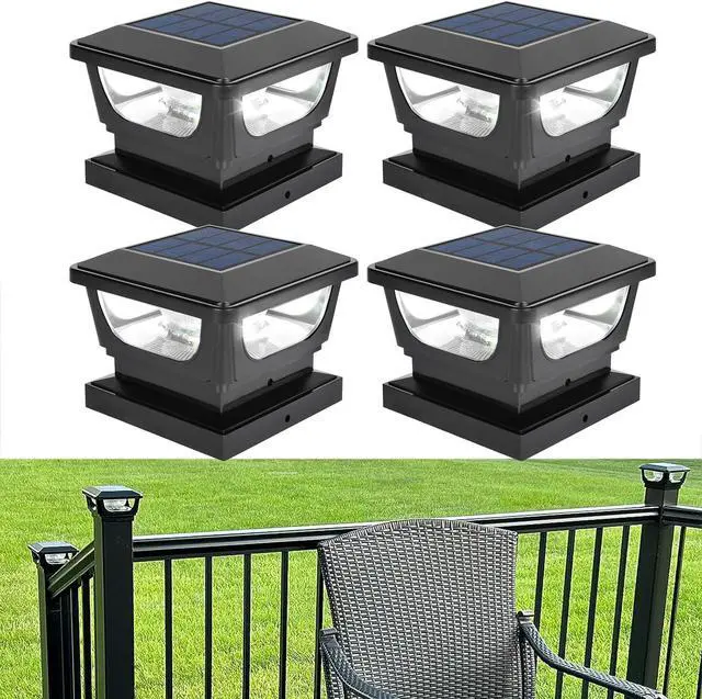 Main image of Solar Post Cap Lights for 3x3 Metal Posts & 4x4 Wood Fence, 4 Pack - IP65 Waterproof, Bright 120 Lumen 6500K Cool White Deck Lighting for Garden, Yard, Porch, Railing, Black Shell
