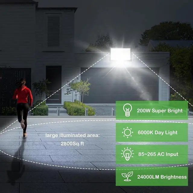 Alt view image 3 of 7 - 200W LED Flood Lights 3 Pack, Outdoor IP66 Waterproof, 24000LM Bright Security Light, Outside Lamp, Exterior Floodlights Lighting for Garage, Garden, Stadium, Yard, Arena