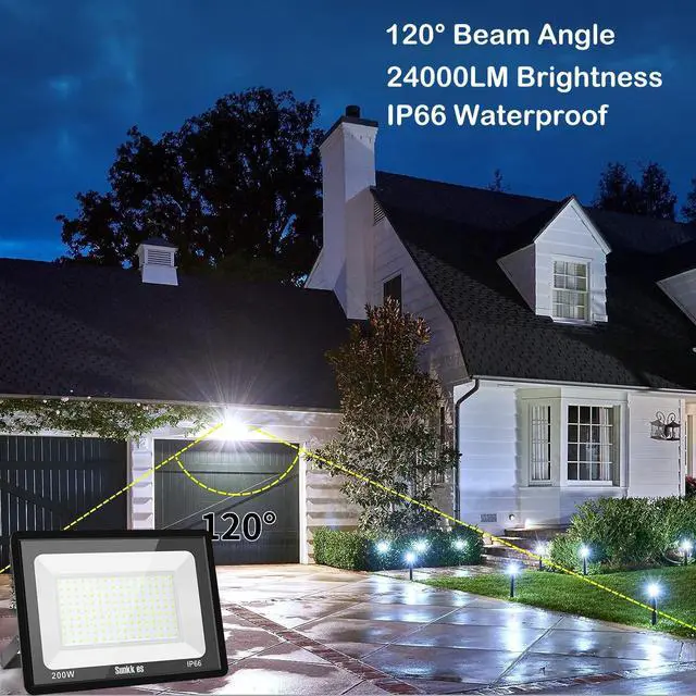 Alt view image 6 of 7 - 200W LED Flood Lights 3 Pack, Outdoor IP66 Waterproof, 24000LM Bright Security Light, Outside Lamp, Exterior Floodlights Lighting for Garage, Garden, Stadium, Yard, Arena