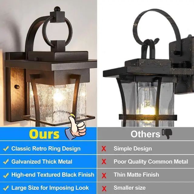 Alt view image 4 of 7 - Outdoor Wall Sconces Light Fixtures Exterior Wall Lantern Outside House Lamps Waterproof Black Metal with Clear Seeded Glass, Perfect for Exterior Porch Patio House