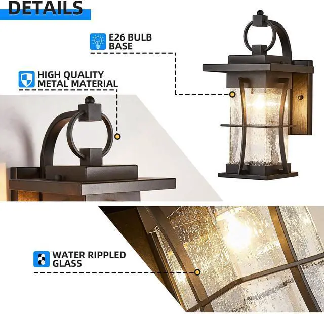 Alt view image 5 of 7 - Outdoor Wall Sconces Light Fixtures Exterior Wall Lantern Outside House Lamps Waterproof Black Metal with Clear Seeded Glass, Perfect for Exterior Porch Patio House