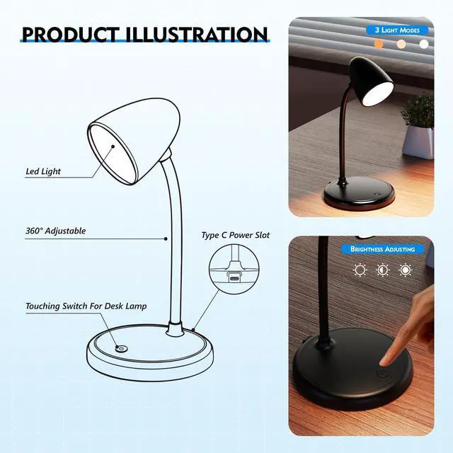 Alt view image 7 of 7 - LED Desk Lamp for Home Office,3 Light Colors,Table Lamp,Dimmable Reading Light for Bedside Small Desk Lamp for College Dorm Room,Bedroom Desk Light,Black