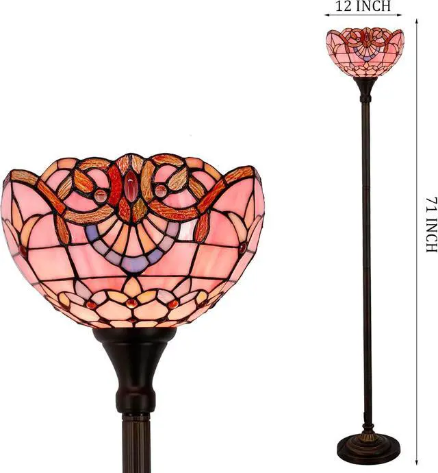 Alt view image 7 of 7 - WERFACTORY Tiffany Floor Lamp Pink Baroque Stained Glass Torchiere Light | 12X12X71 Inches Pole Standing Corner Torch Uplight Decor Bedroom Living Room Home Office S003P Series