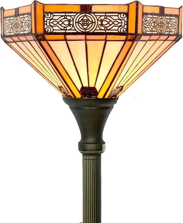 Alt view image 2 of 7 - WERFACTORY Tiffany Floor Lamp Yellow Hexagon Stained Glass Mission Light | 12X12X71 Inches Torchiere Standing Corner Torch Uplight Decor Bedroom Living Room Home Office S011 Series