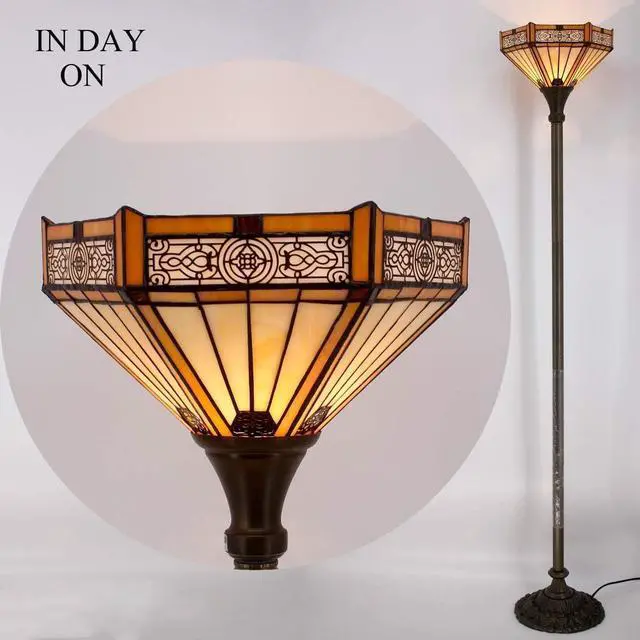 Alt view image 3 of 7 - WERFACTORY Tiffany Floor Lamp Yellow Hexagon Stained Glass Mission Light | 12X12X71 Inches Torchiere Standing Corner Torch Uplight Decor Bedroom Living Room Home Office S011 Series