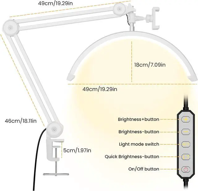 Alt view image 4 of 7 - 3000 Lm Adjustable LED Half Moon Light with Clamp & Task Lamp - Bright, Dimmable Lighting for Office, Crafts, Nails &Salon, Remote Control (CCTWhite)